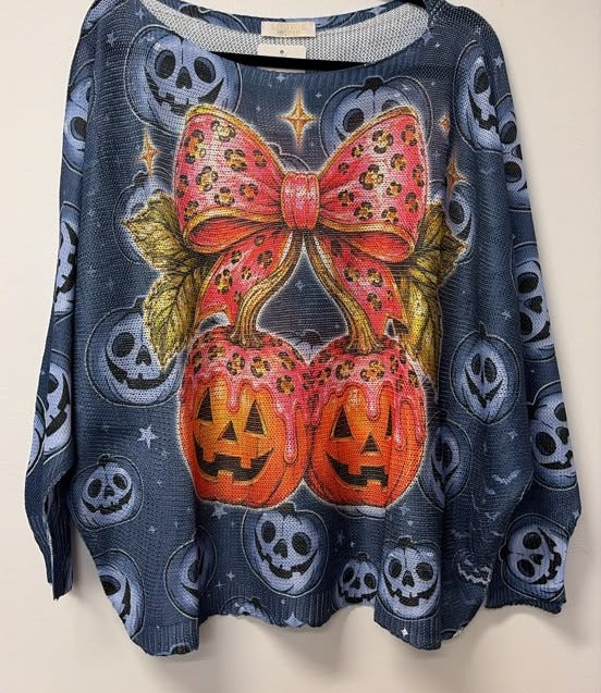VI659 Blue Halloween Pumpkin Printed Sweater
