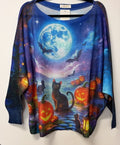 VI660 Blue Halloween Cat Printed Sweater