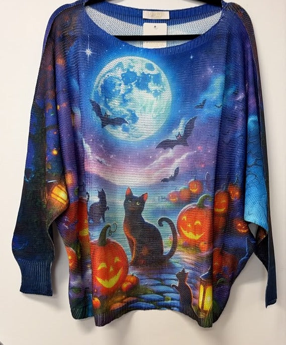 VI660 Blue Halloween Cat Printed Sweater