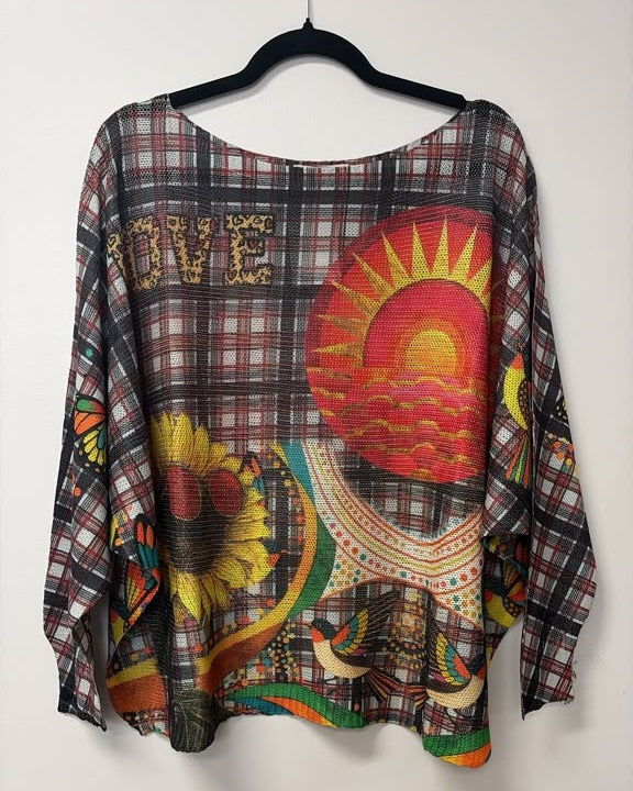 VI663 Multicolor Plaid Sunset Printed Sweater