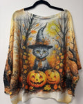 VI665 Orange Halloween Cat Printed Sweater