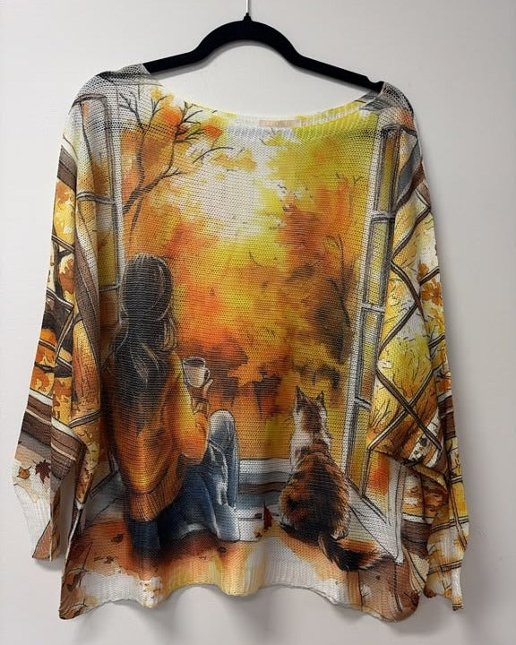 VI667 Orange Autumn Window Printed Sweater