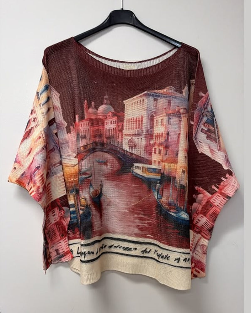VI669 Burgundy Venice Canal Printed Sweater