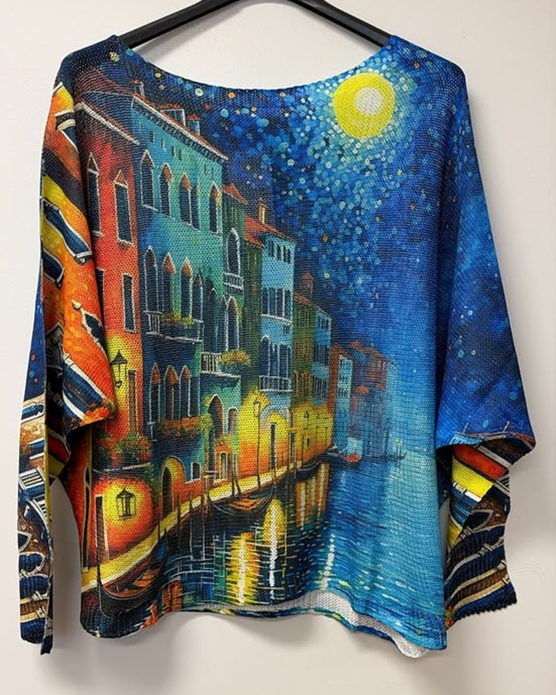 VI671 Blue Venice Starry Night Printed Sweater