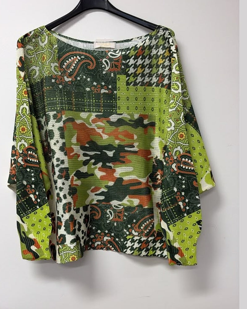 VI672 Green Camo Patchwork Printed Sweater
