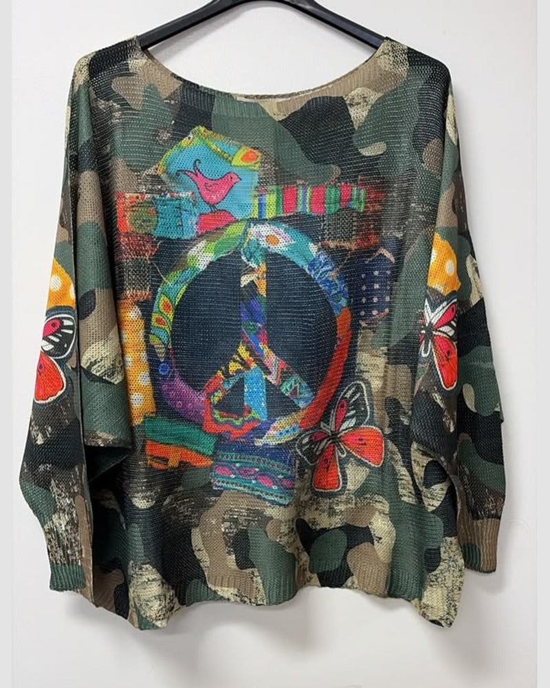 VI673 Olive Camo Peace Printed Sweater