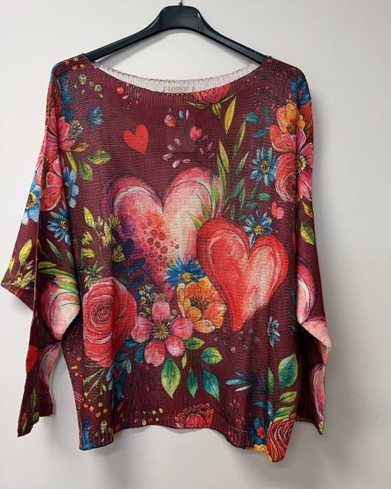 VI676 Burgundy Heart Floral Printed Sweater