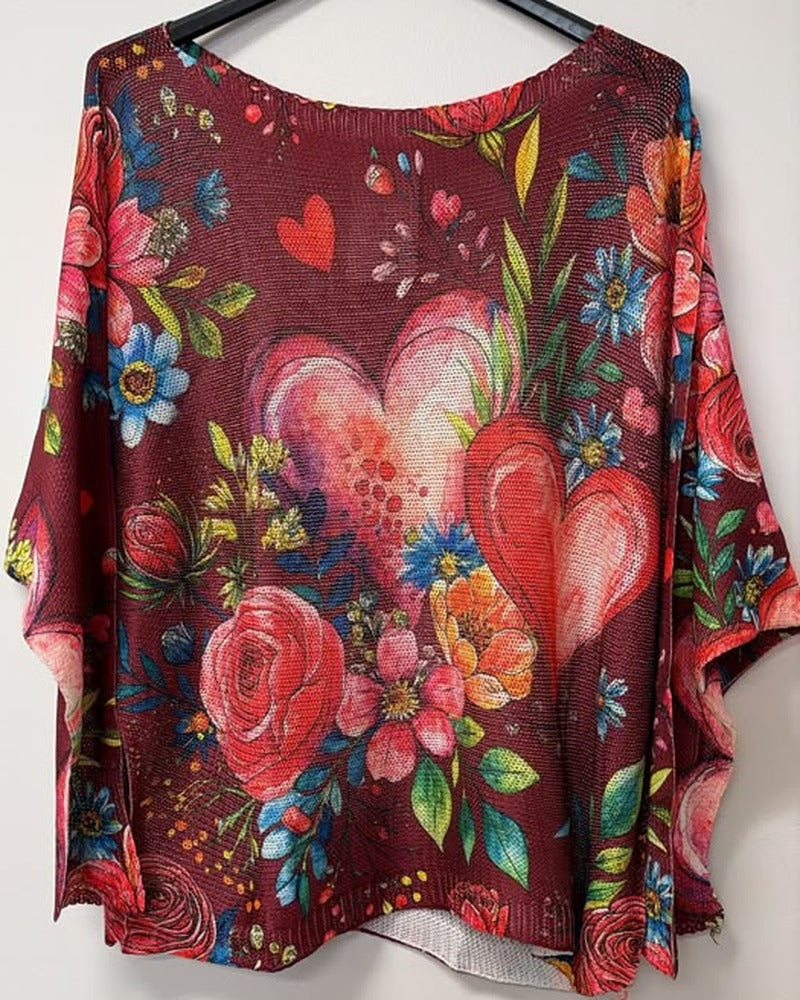 VI676 Burgundy Heart Floral Printed Sweater