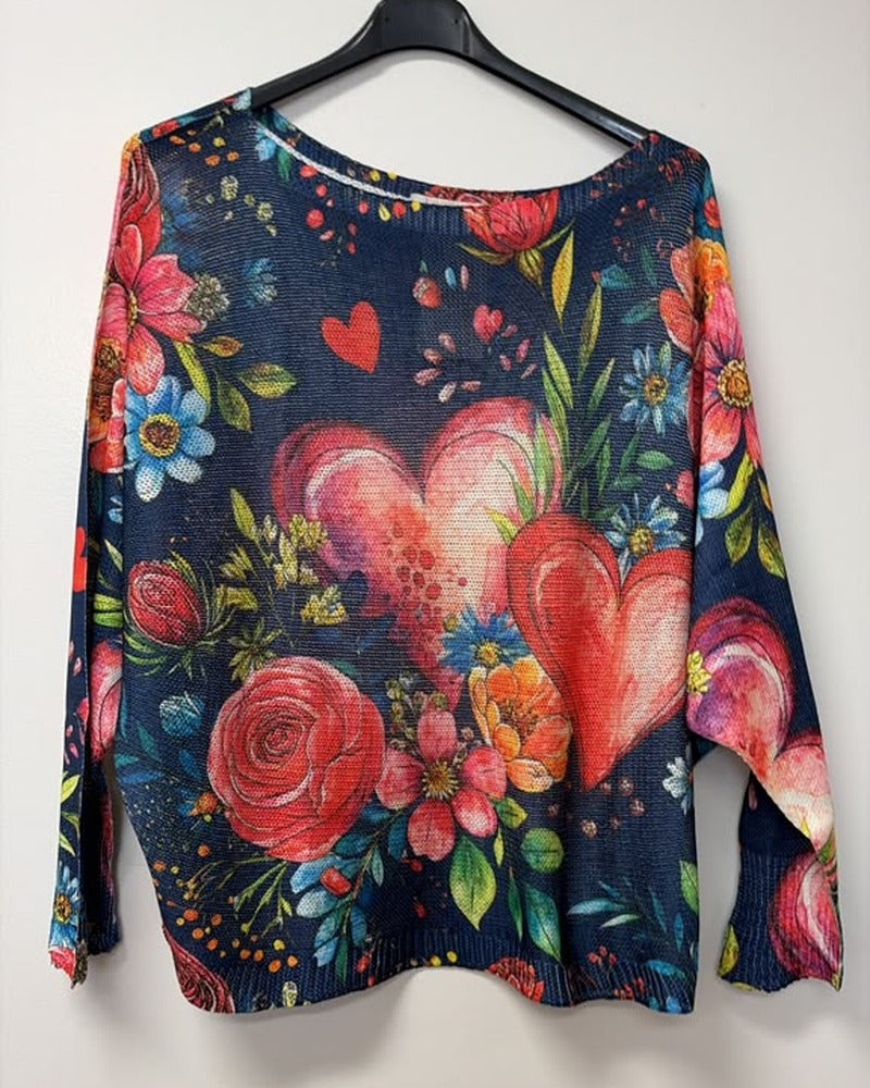 VI677 Navy Heart Floral Printed Sweater