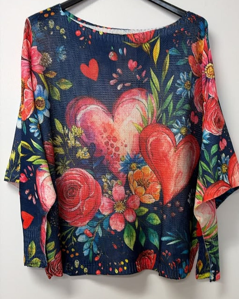 VI677 Navy Heart Floral Printed Sweater