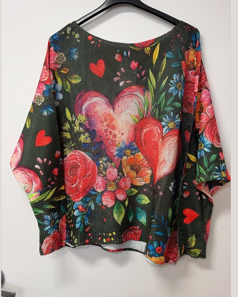 VI678 Dark Green Heart Floral Printed Sweater