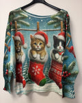 VI680 Teal Christmas Kittens Printed Sweater