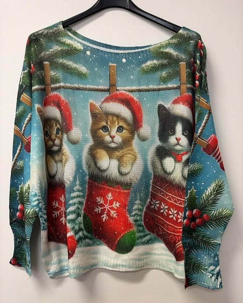 VI680 Teal Christmas Kittens Printed Sweater
