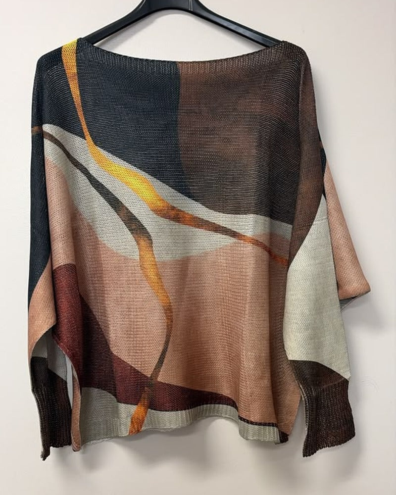 VI682 Brown Abstract Wave Printed Sweater