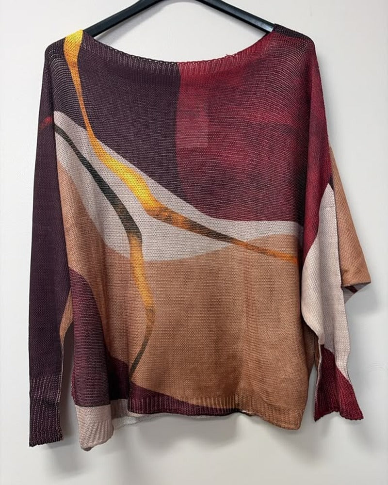VI683 Burgundy Abstract Wave Printed Sweater