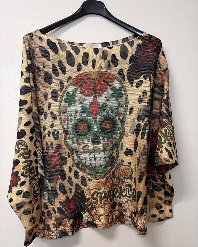 VI686 Camel Leopard Sugar Skull Printed Sweater