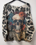 VI687 Ecru Leopard Floral Skull Printed Sweater