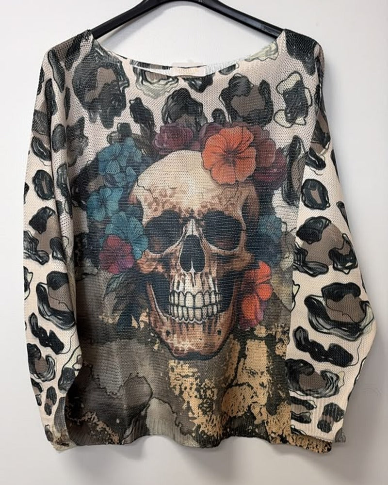 VI687 Ecru Leopard Floral Skull Printed Sweater