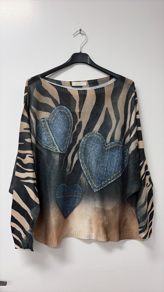 VI690 Black Denim Heart Printed Sweater