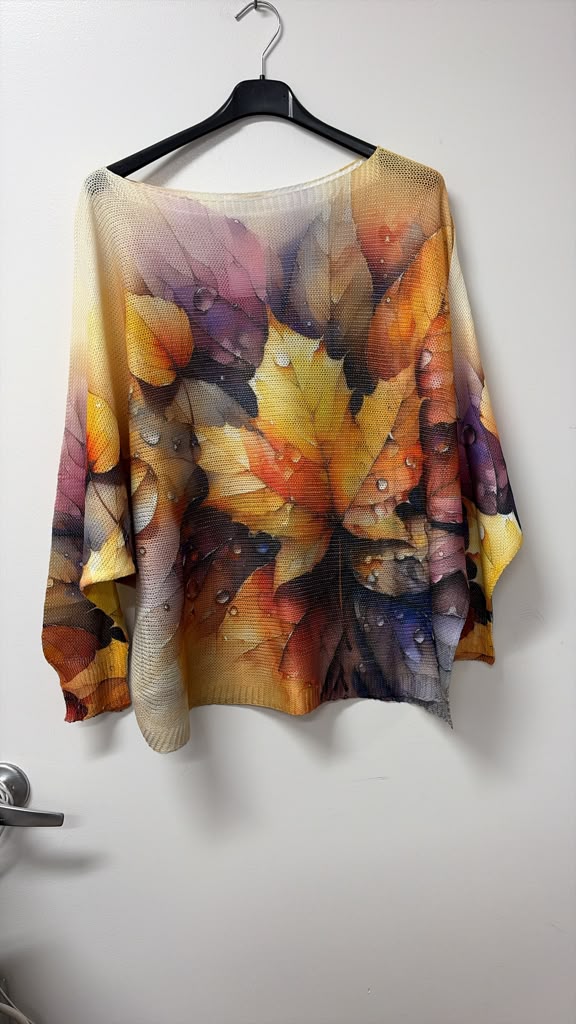 VI694 Mustard Autumn Leaf Printed Sweater