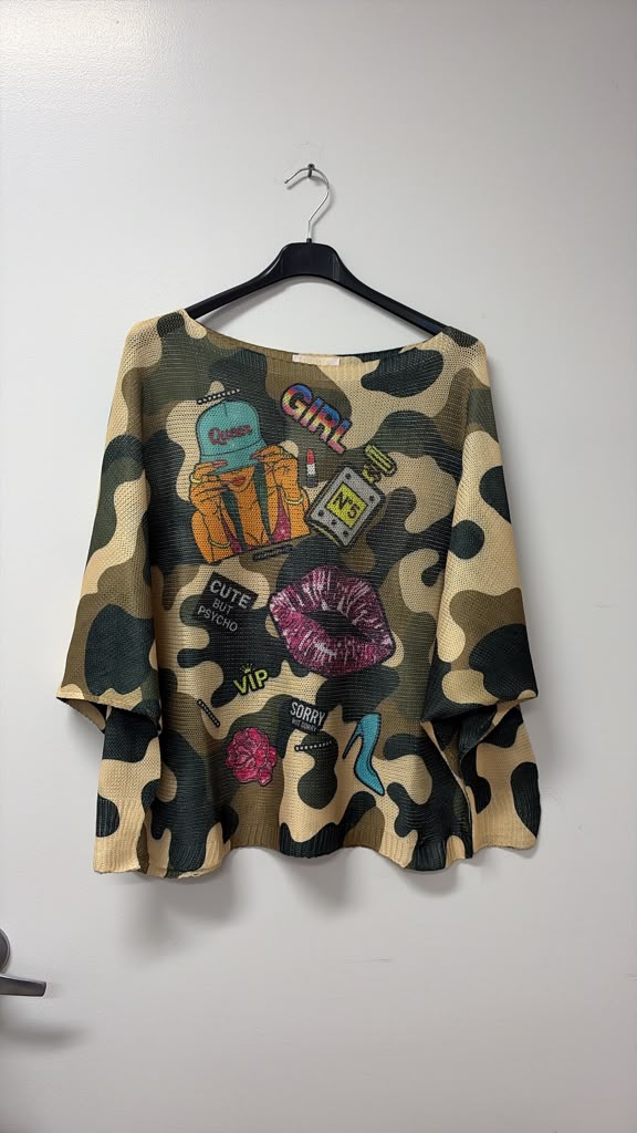 VI695 Khaki Pop Art Printed Sweater