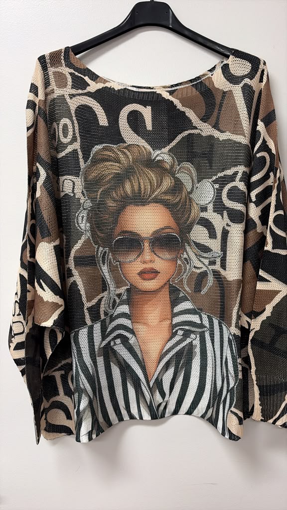 VIFIG Fashion Icon Girl Print Knit Sweater