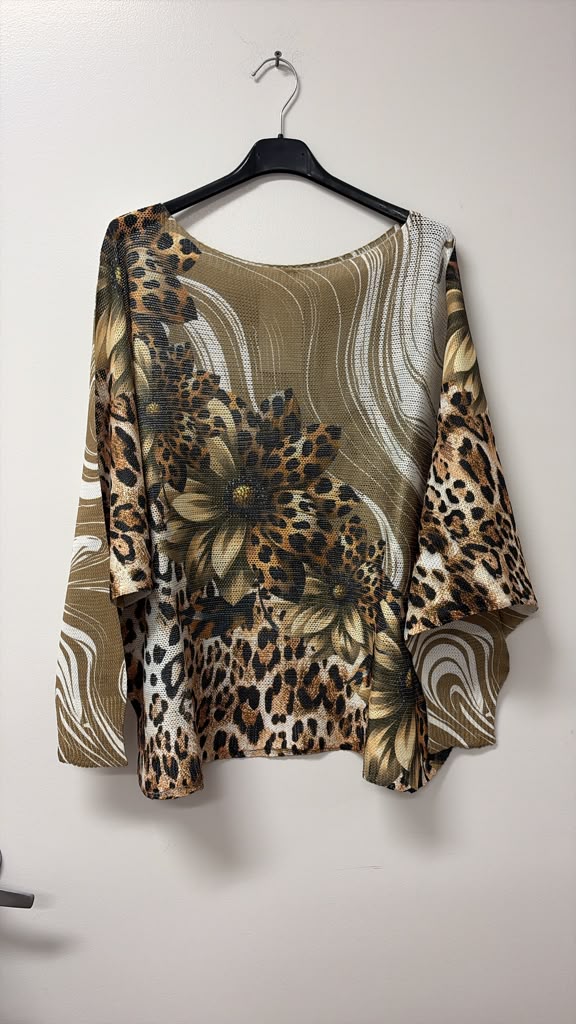 VILDSKH Leopard Daisy Swirl Print Knit Sweater Khaki