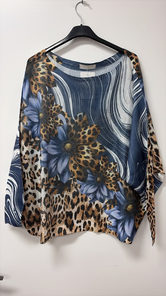 VILDSNV Leopard Daisy Swirl Print Knit Sweater Navy