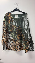 VILDSOL Leopard Daisy Swirl Print Knit Sweater Olive