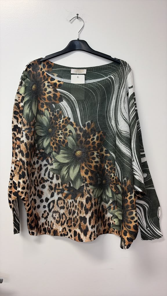 VILDSOL Leopard Daisy Swirl Print Knit Sweater Olive