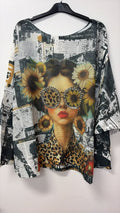 VINSG Newsprint Sunflower Girl Print Knit Sweater