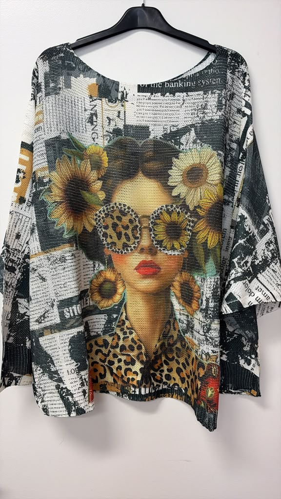 VINSG Newsprint Sunflower Girl Print Knit Sweater