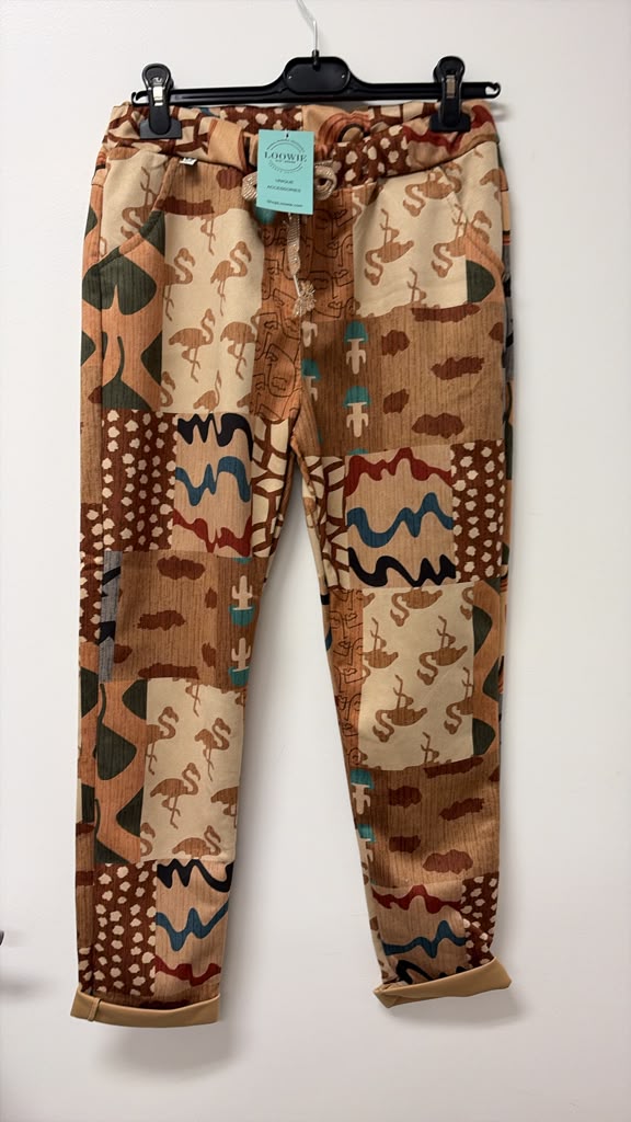 VITFP Tribal Flamingo Print Jogger Pants Tan