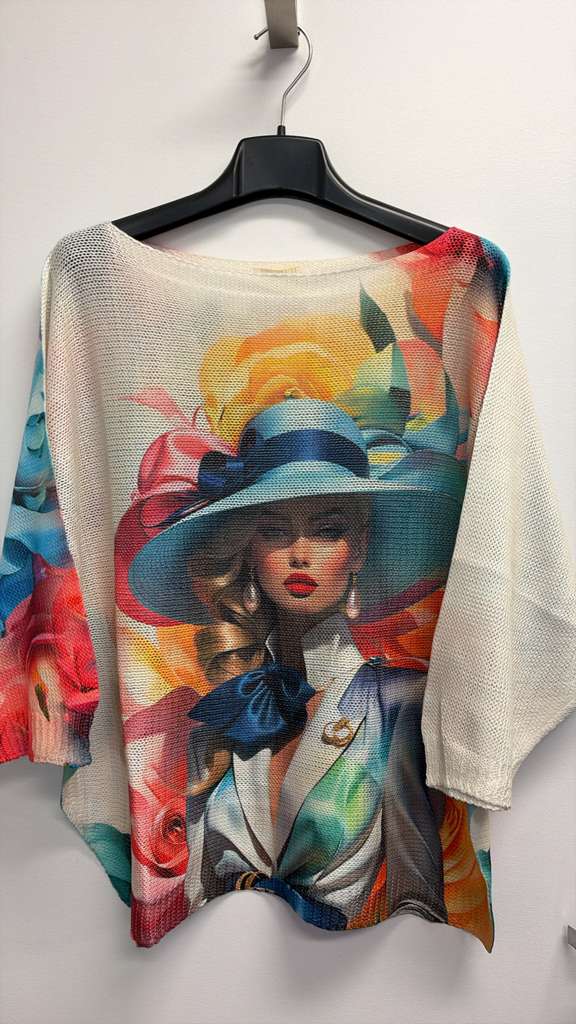 VISOWHM Italian One Size Off-White Printed Knit Sweater