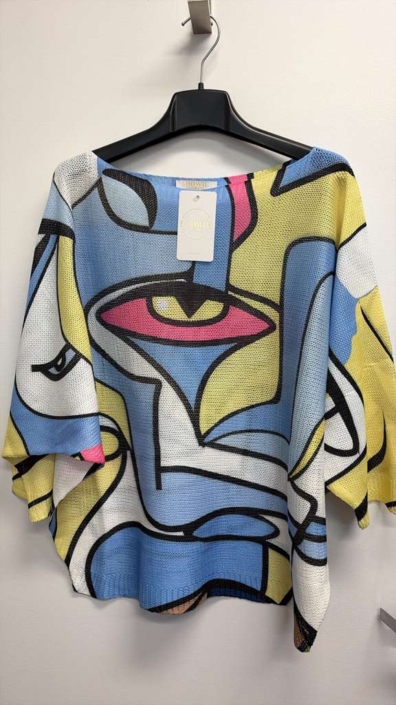 VISBLYE Italian OS Blue Yellow Eye Printed Knit Sweater