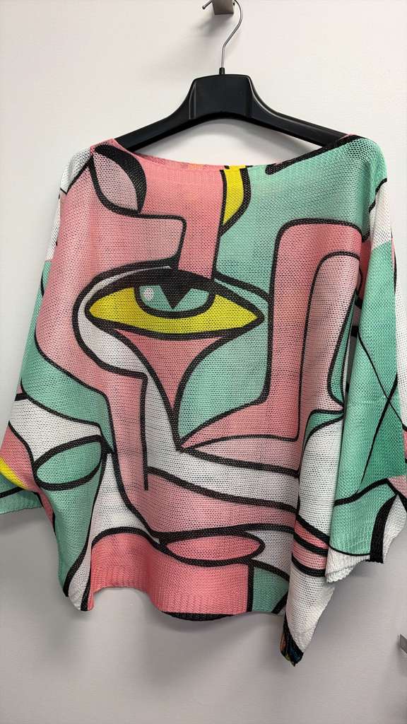 VISPKGN Italian OS Pink Green Eye Printed Knit Sweater