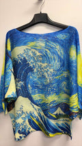 VISBLYW Italian OS Blue Yellow Waves Printed Knit Sweater