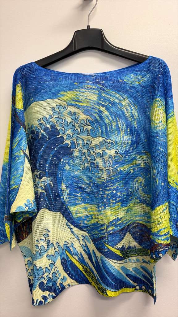 VISBLYW Italian OS Blue Yellow Waves Printed Knit Sweater