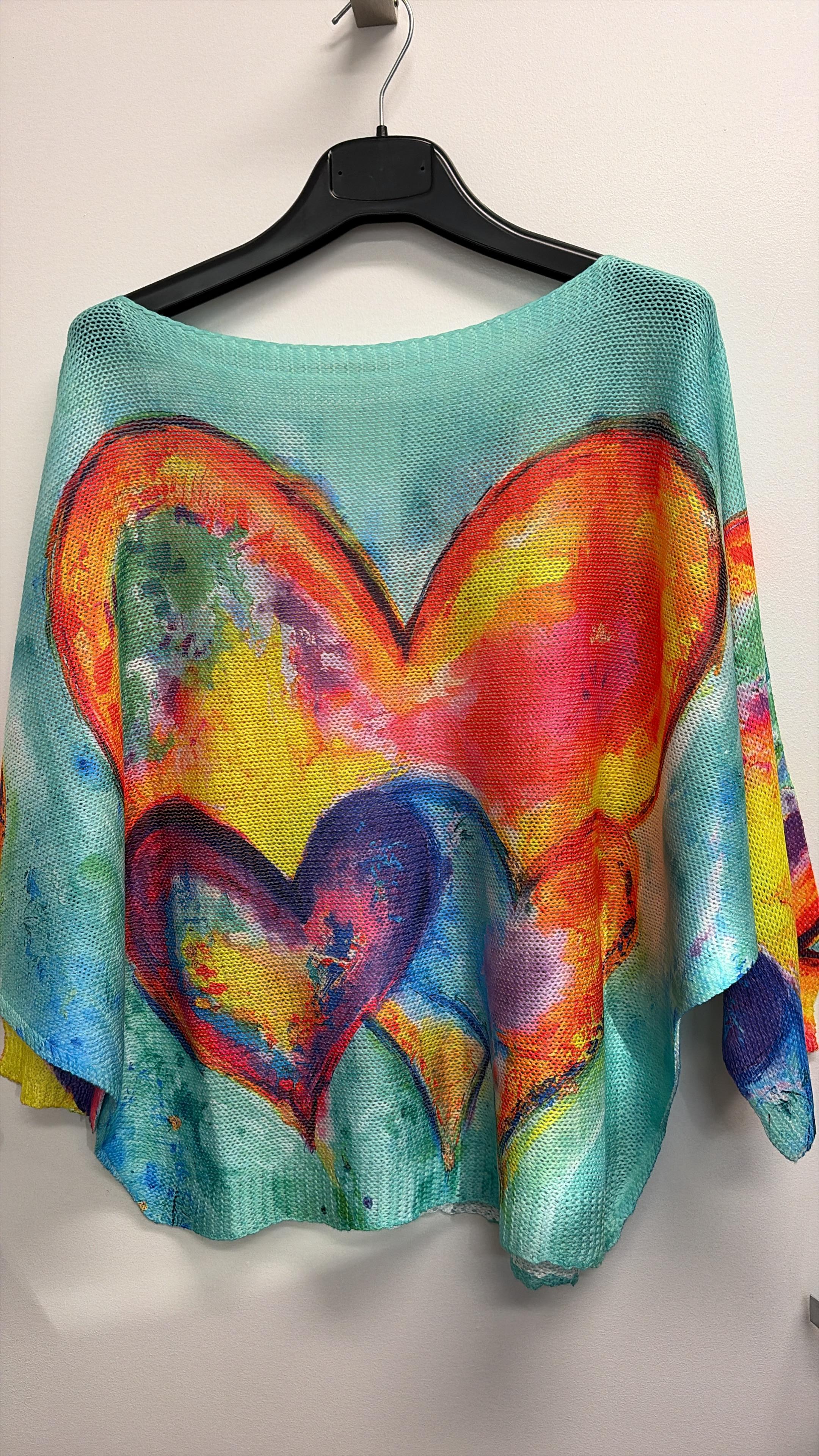 VISTRHT Italian OS Turquoise Hearts Printed Knit Sweater