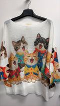 VISPCW Italian OS Off-White Playful Cat Printed Knit Sweater