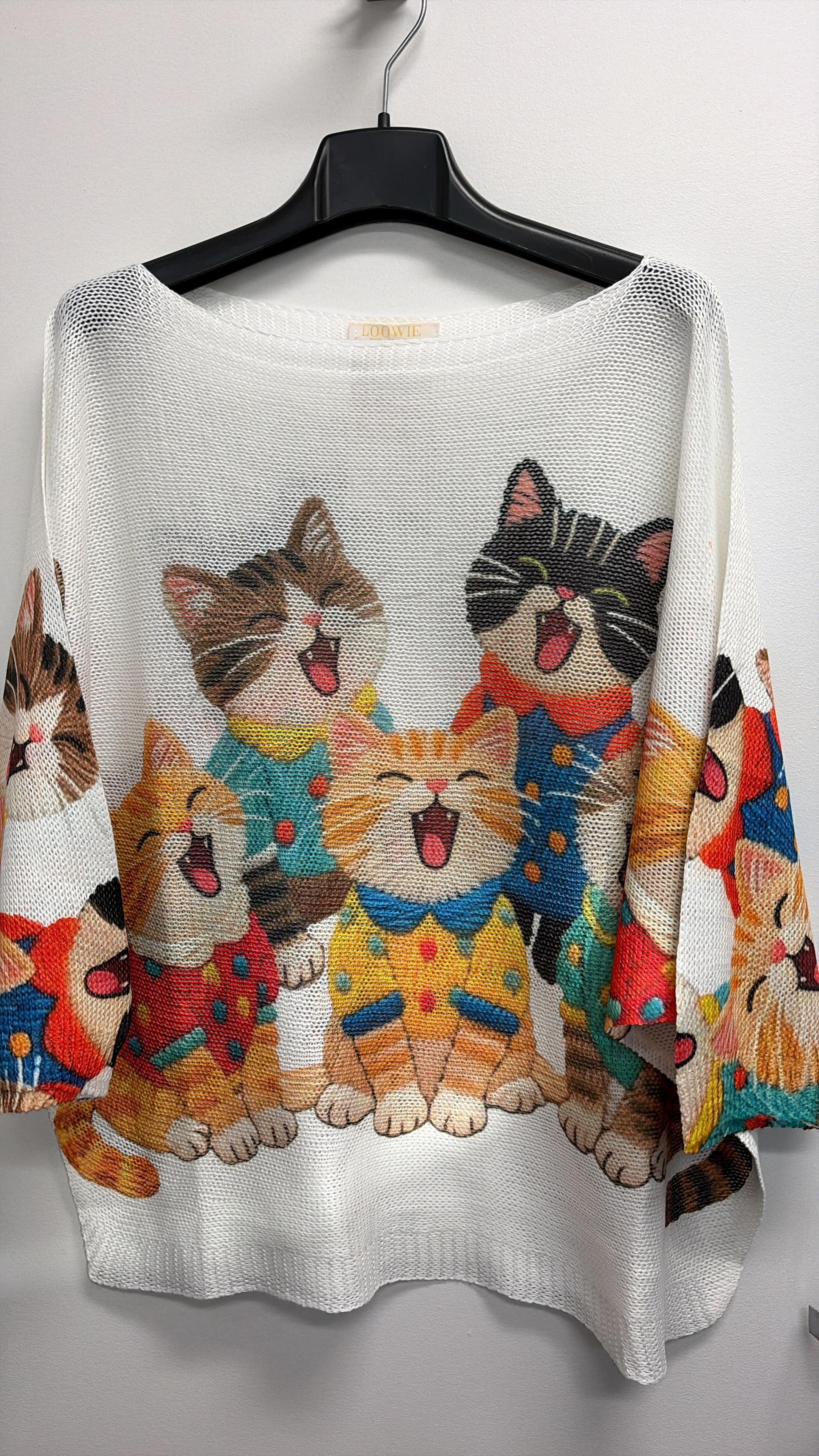VISPCW Italian OS Off-White Playful Cat Printed Knit Sweater