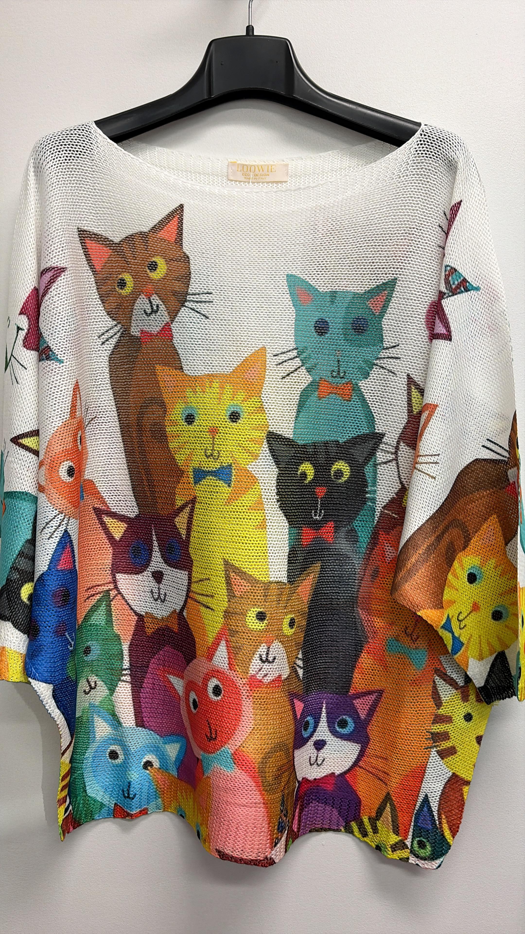 VISWC Italian OS Whimsical Cat Parade Printed Knit Sweater