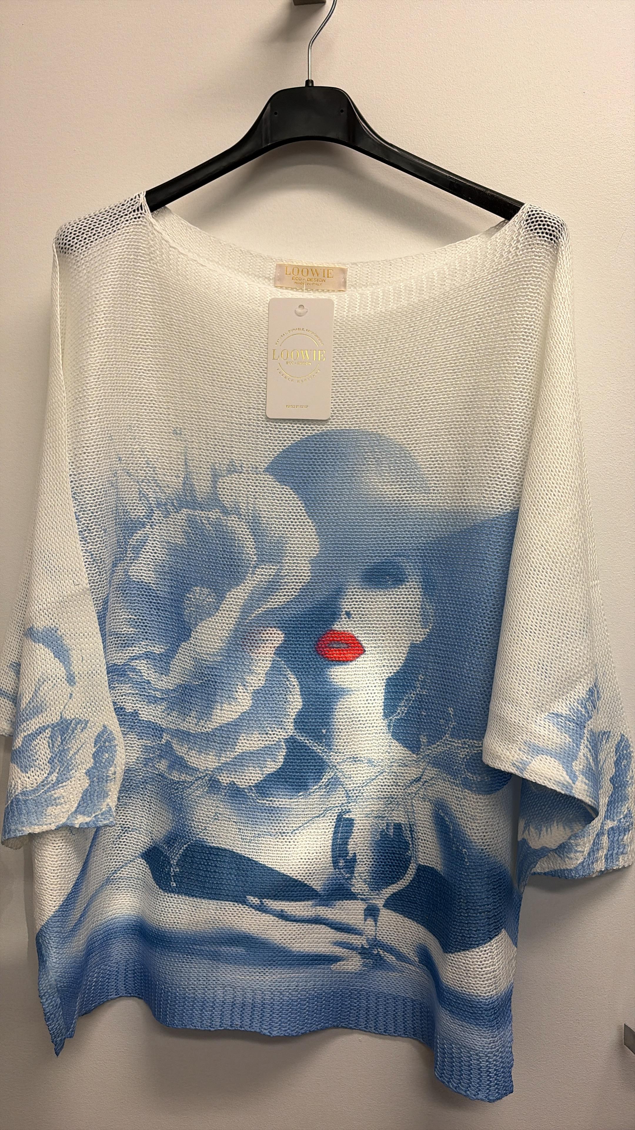 VISBPOW Italian One Size Blue Portrait Knit Sweater