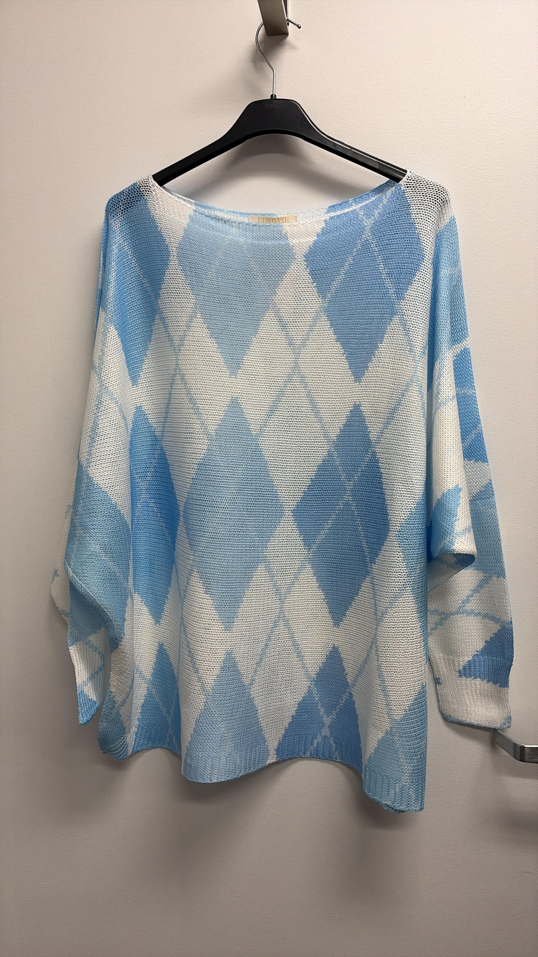 VISBLAKS Italian One Size Sky Blue Argyle Knit Sweater