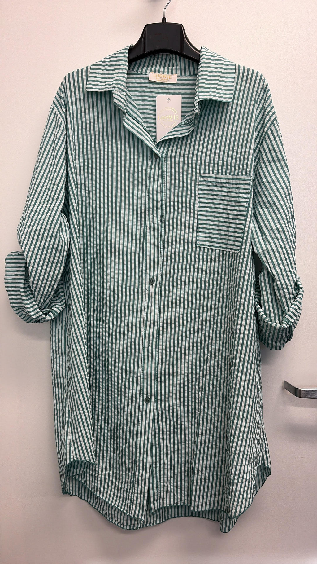 CACCUTG Italian Teal Striped Cotton Shirt Dress