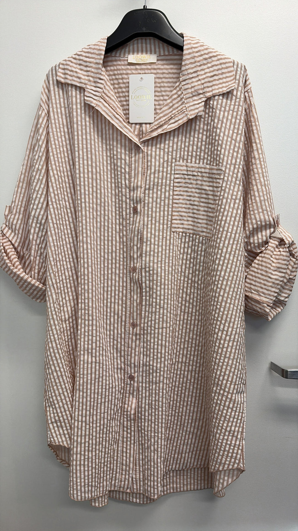 CACCUT Italian Taupe Striped Cotton Shirt Dress