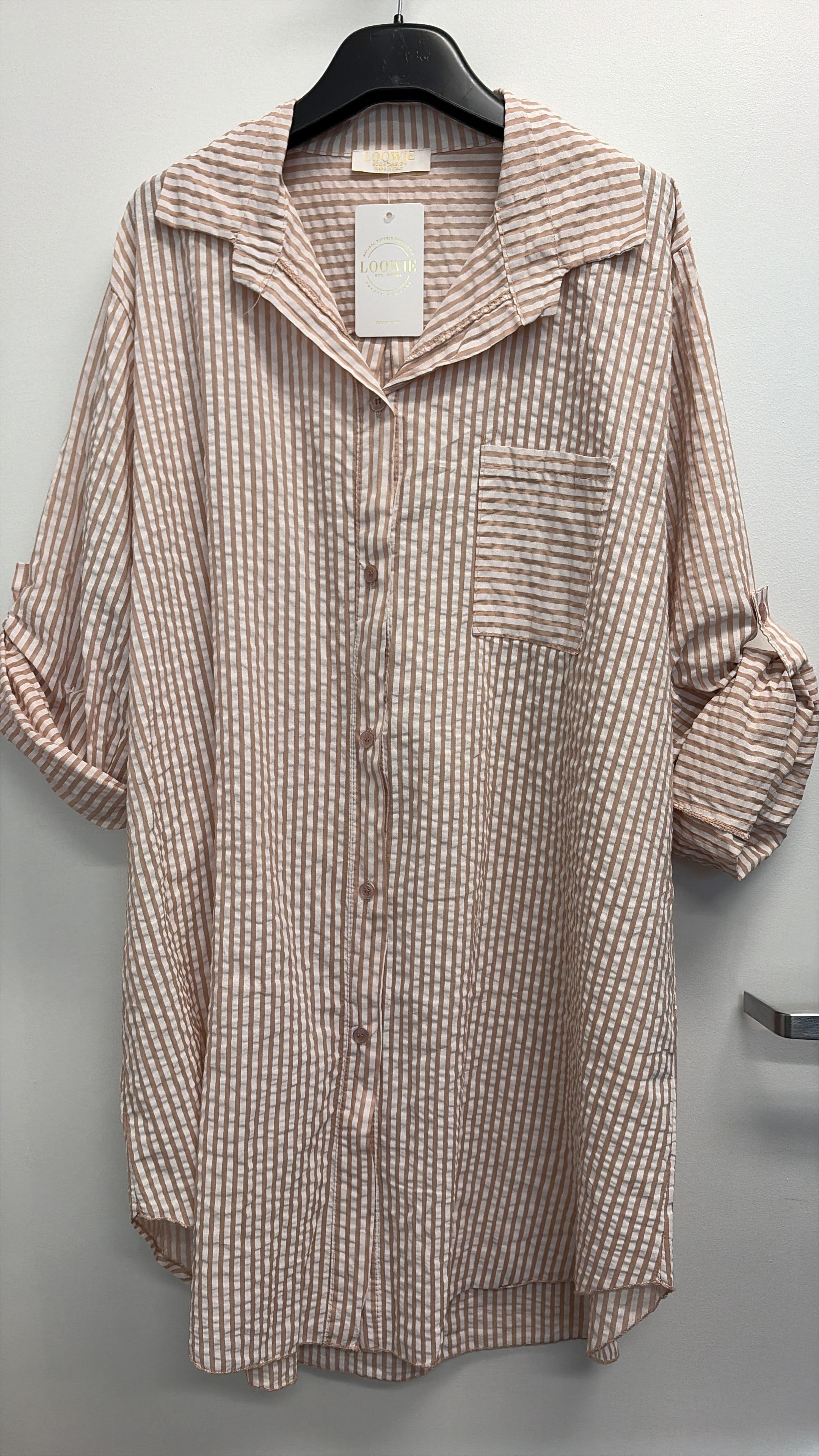 CACCUT Italian Taupe Striped Cotton Shirt Dress