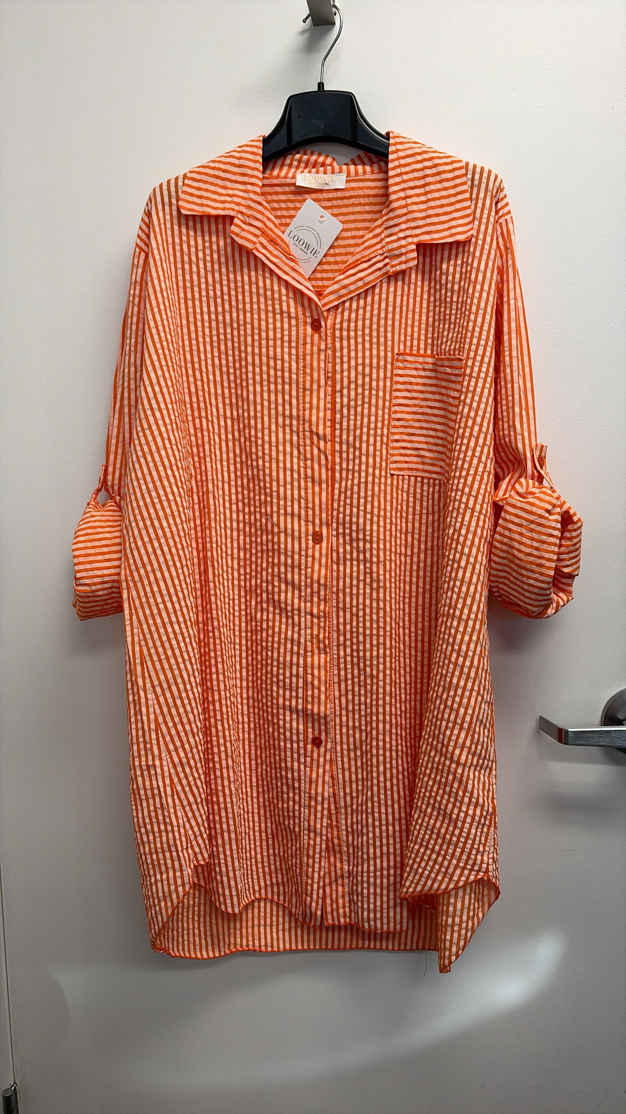CACCUO Italian Orange Striped Cotton Shirt Dress