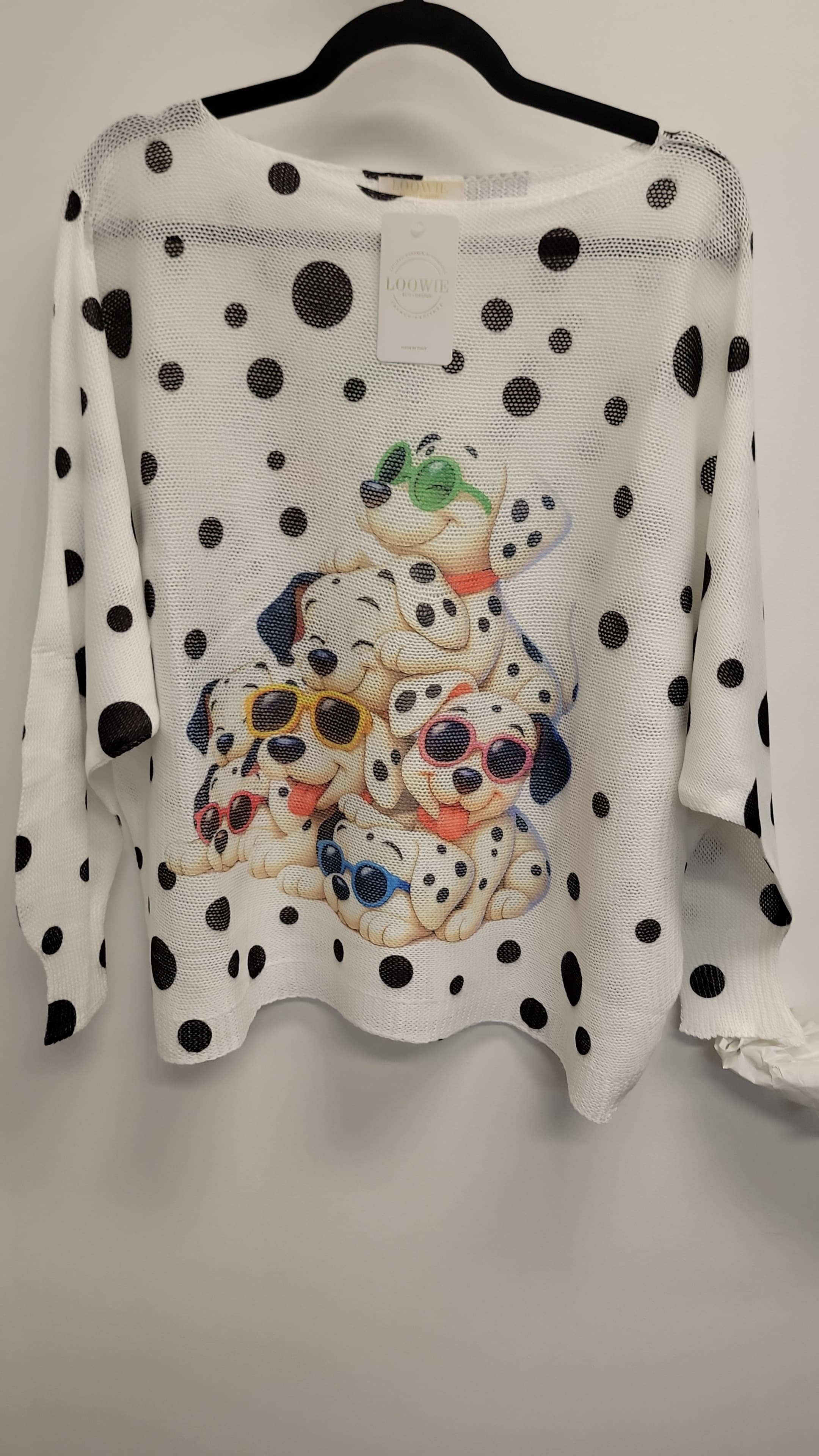 VIPDKSW Italian OS White Polka Dot Puppy Print Knit Sweater