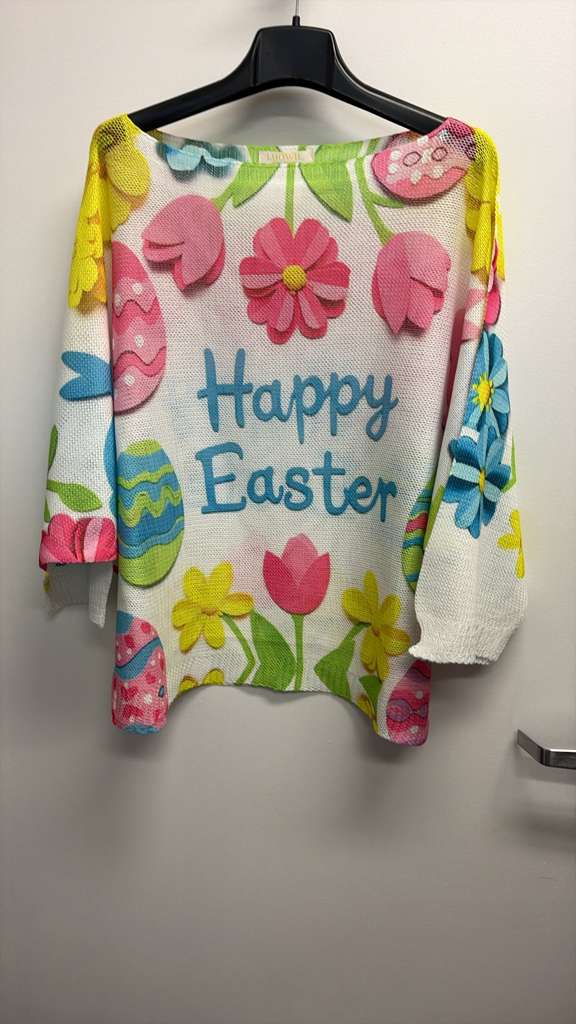 VISEAHE Italian OS Happy Easter Floral Print Knit Sweater